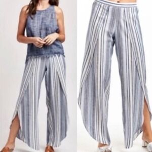 Drew Whitney Linen Blend Pants Striped Split Tulip Hem M Wide Leg Medium Cottage